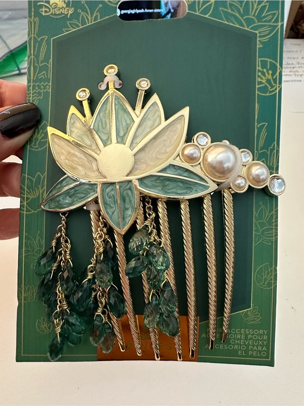 Disney Gold-Tone Lotus Hair Comb with Green Beads and Pearls